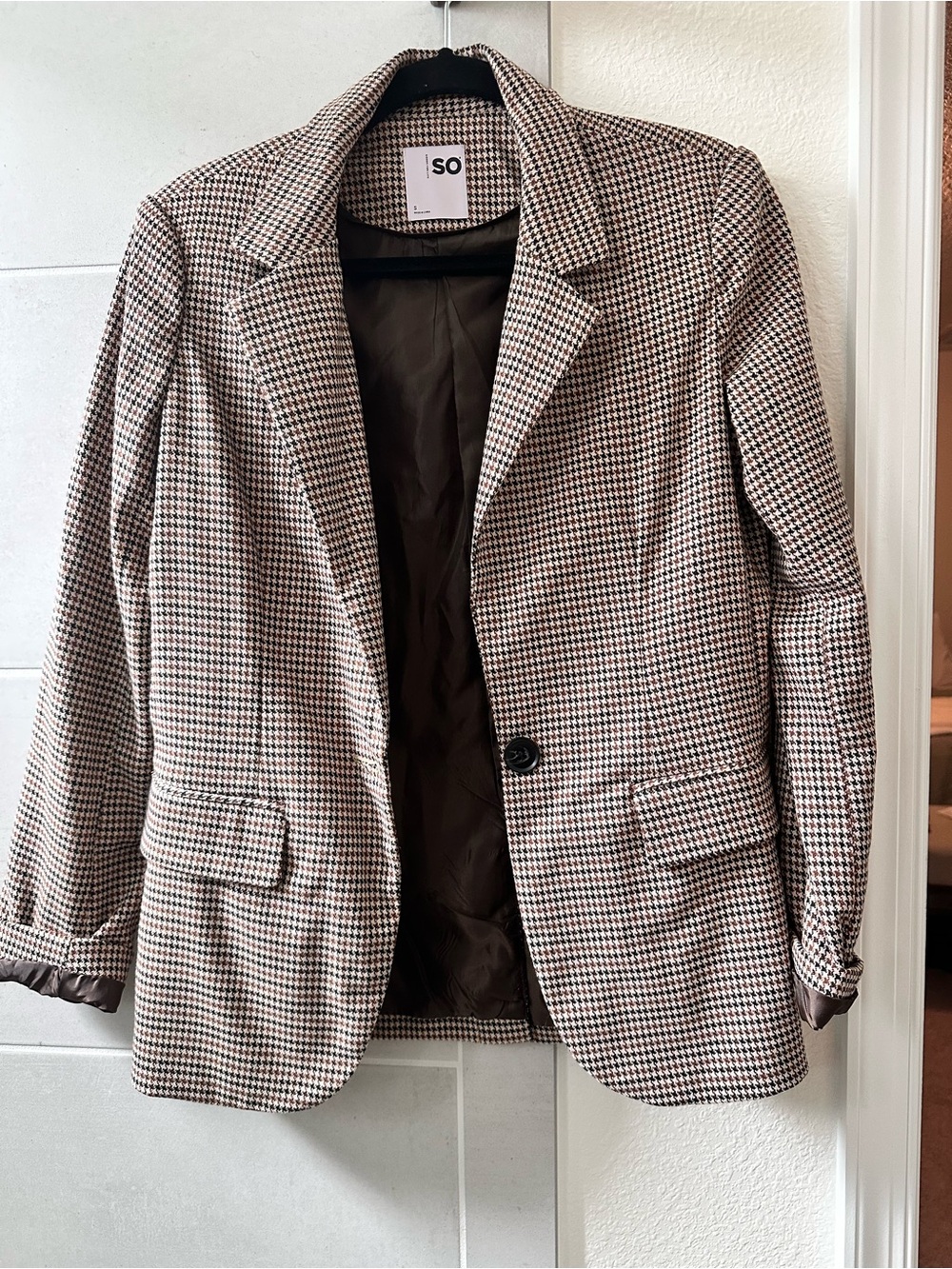 SO Women's Houndstooth Blazer in Brown and Black